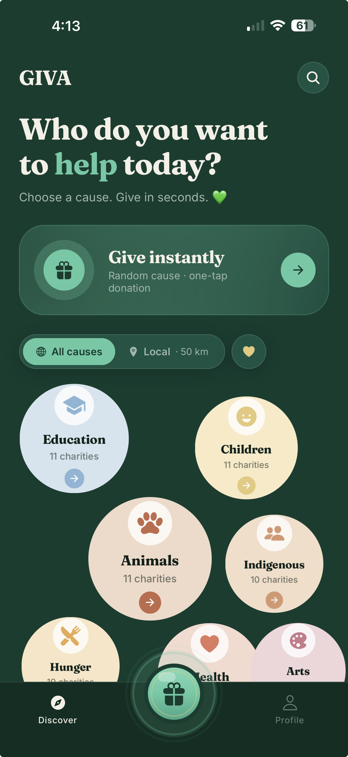 GIVA Discover screen — choose a cause, give in seconds